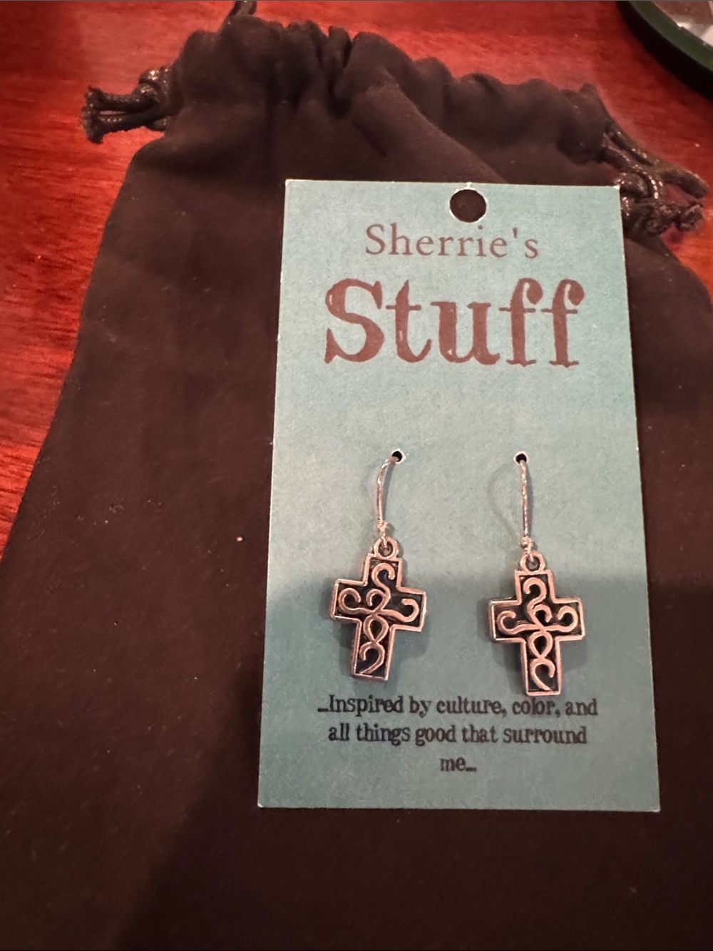 Silver Cross Dangle Earrings - Black Accents